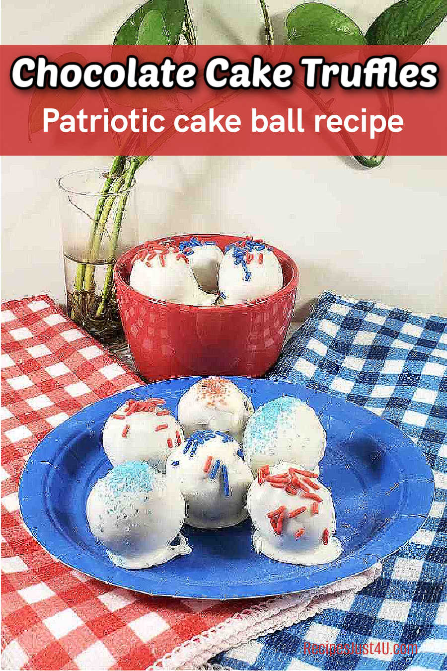 Chocolate cake truffles decorated for Independence day on a blue plate and in a red bowl.