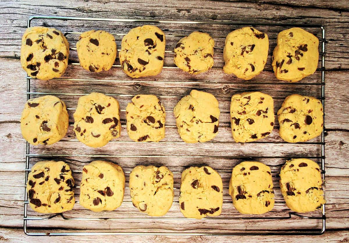 Cookies cooling on a wire rack Chocolate chip shortbread cookies cooling on a wire rack.