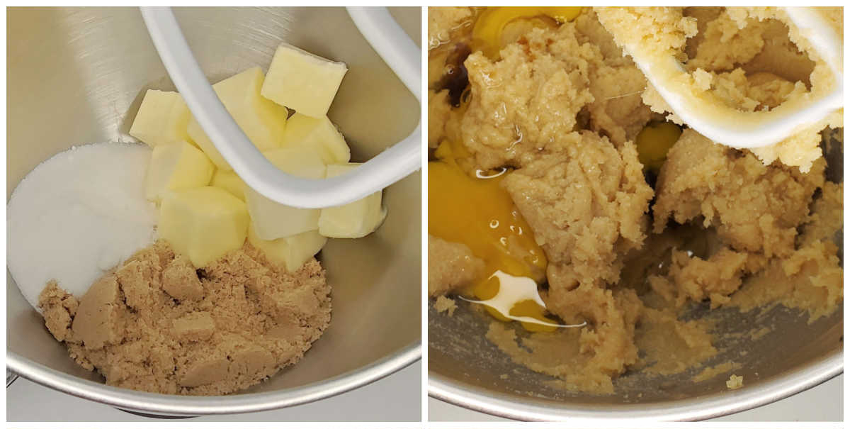 Mixing brown sugar and butter in a mixing bowl.