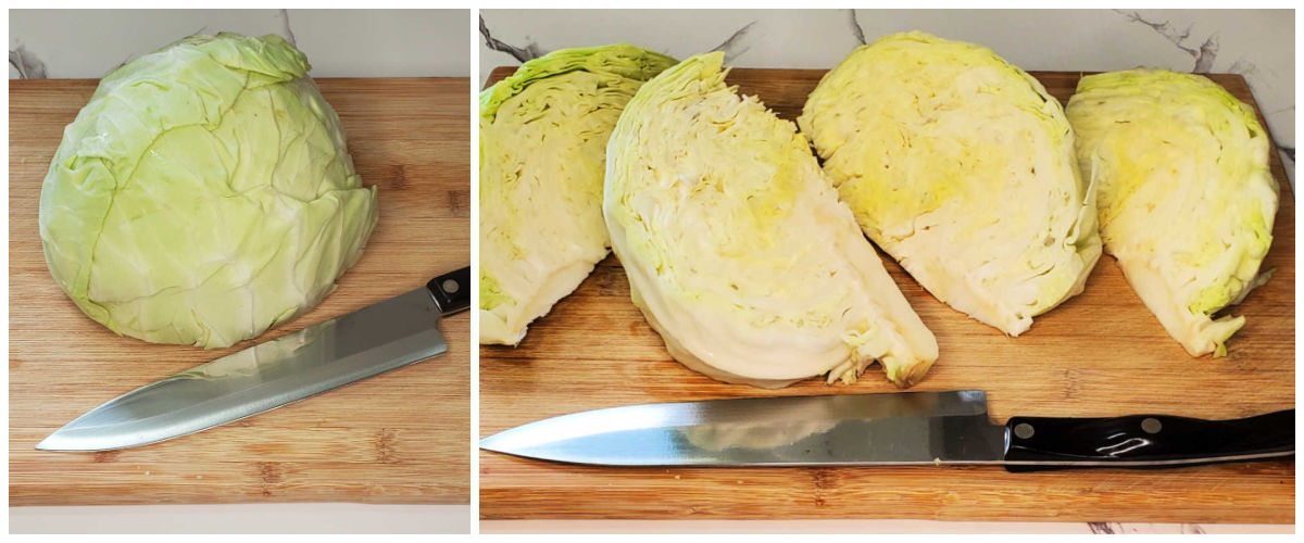 A collage showing pictures of a half head of cabbage and knife on the left, and four wedges of cabbage on the right side with the same knife.