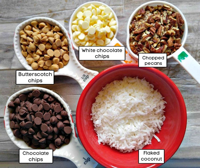Bowls of butterscotch chips, white chocoate chips, chopped pecans, dark chocolate chips, and flaked coconut on a counter. Small white text boxes near the bowls show the name of each ingredient.