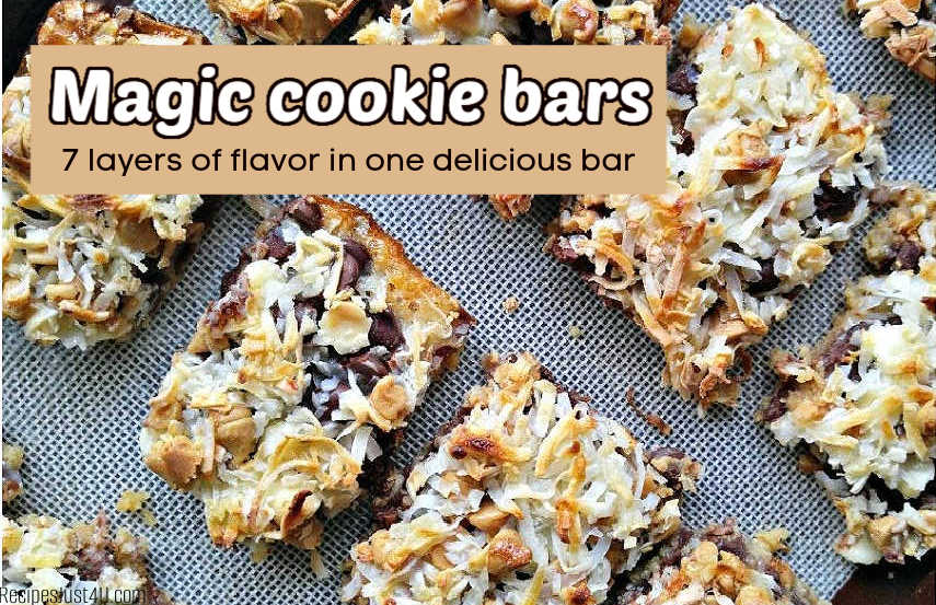 Sliced 7 layer bars on a silicone mat with tan text box that reads Magic cookie bars - 7 layers of flavor in one delicious bar.
