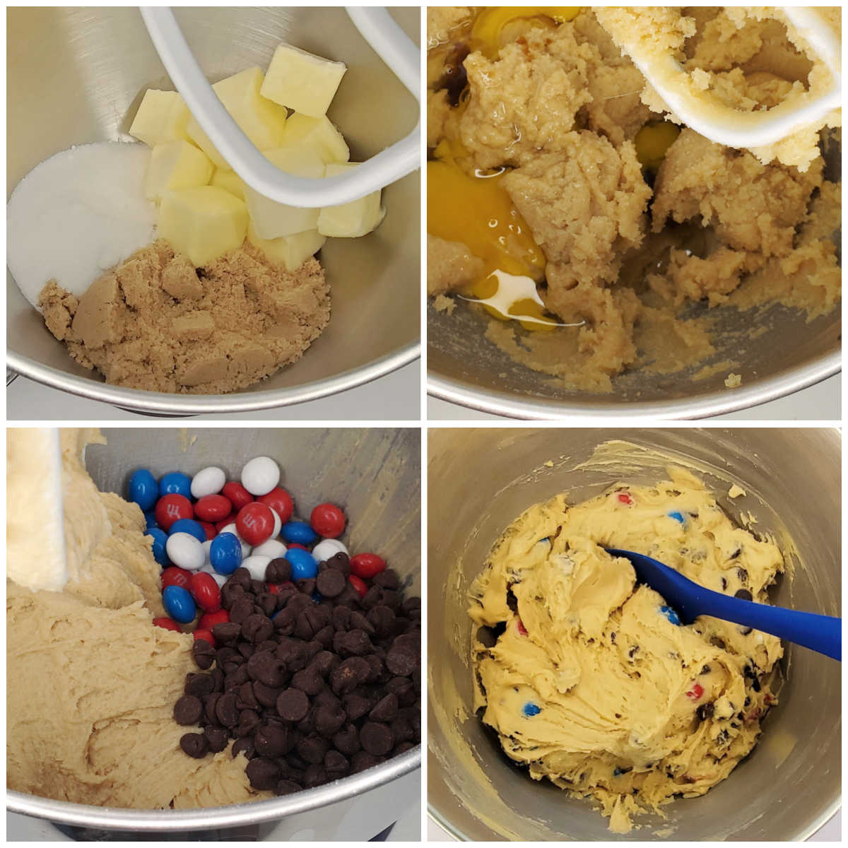 A collage showing pictures of a 4th of July dessert recipe.