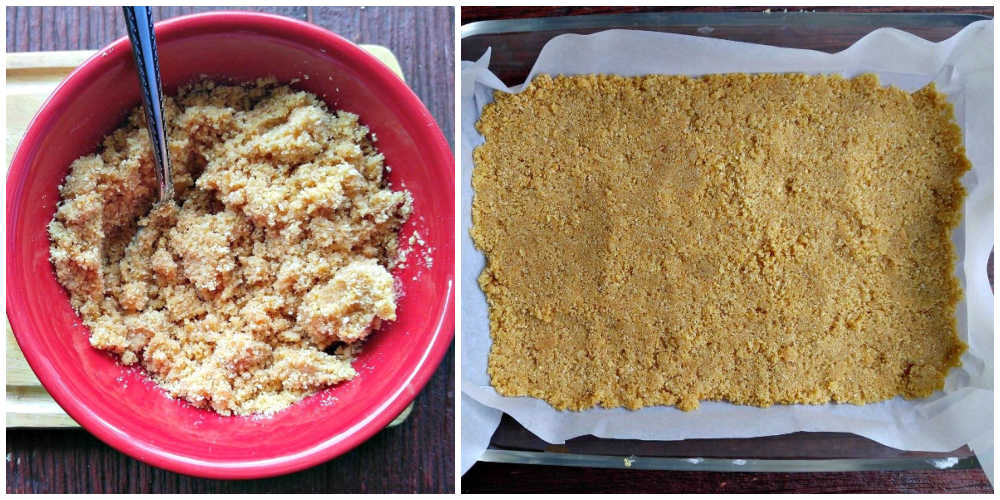 A collage with Graham cracker crumbs on the left side and a Graham cracker crust on the right side.