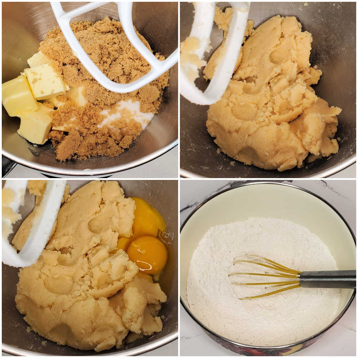 A collage with images of sugar and butter, mixed batter, batter with eggs and bowl of dry ingredients.