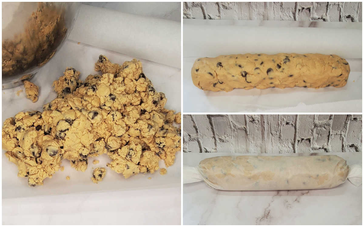Making the slice-and-bake cookie dough log A collage with pictures of shortbread cookie dough, the dough made into a log, and the log wrapped in parchment paper.