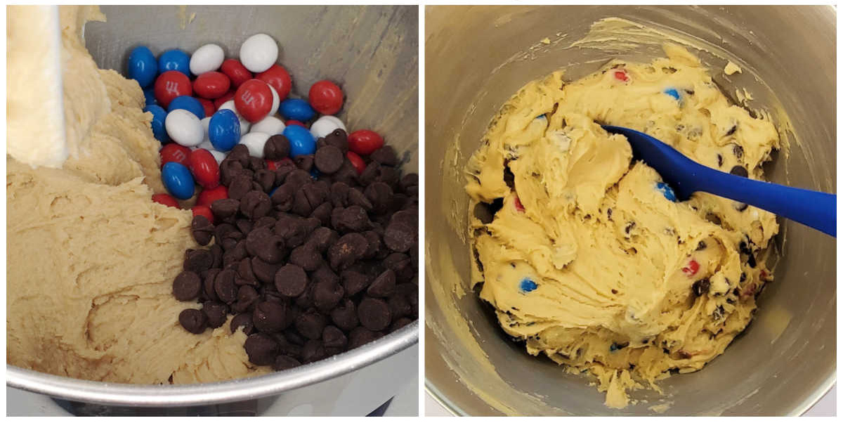 Fourth of July bars batter with M&Ms and chocolate chips.