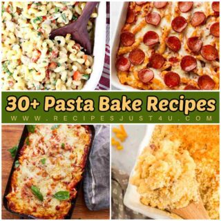 A green banner in the center of the image has yellow text on it that reads 30+ pasta bake recipes, with four different pasta casseroles surrounding the text. Starting in the top left, going clockwise the photos show a tuscan pasta bake, a pizza pasta bake, a gluten-free baked ziti casserole recipe and a macaroni and cheese pasta casserole.