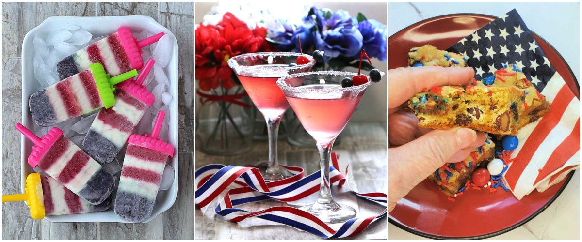 Pictures of 4th of July puddding pops, cosmopolitan and red, white and blue dessert bars.