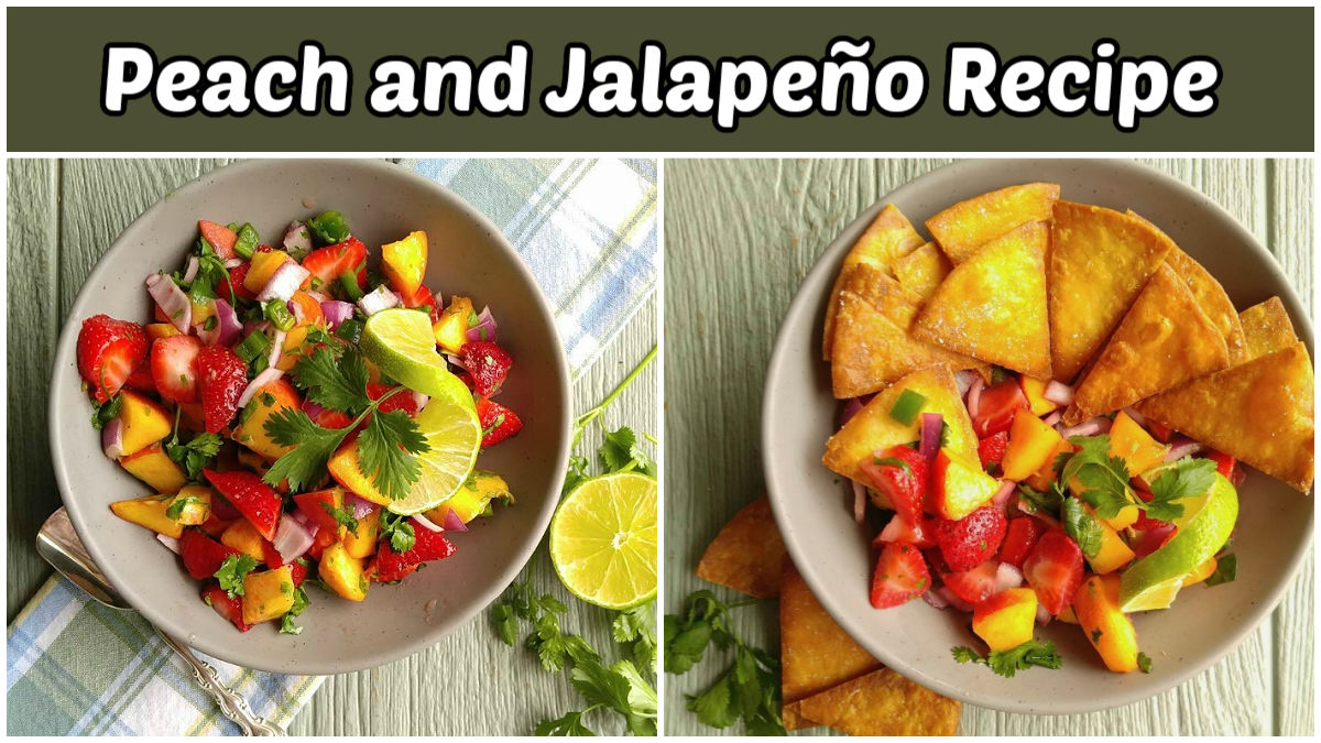 Peach and jalape&ntilde;o recipe in a bowl and serving with some homemade tortilla chips.