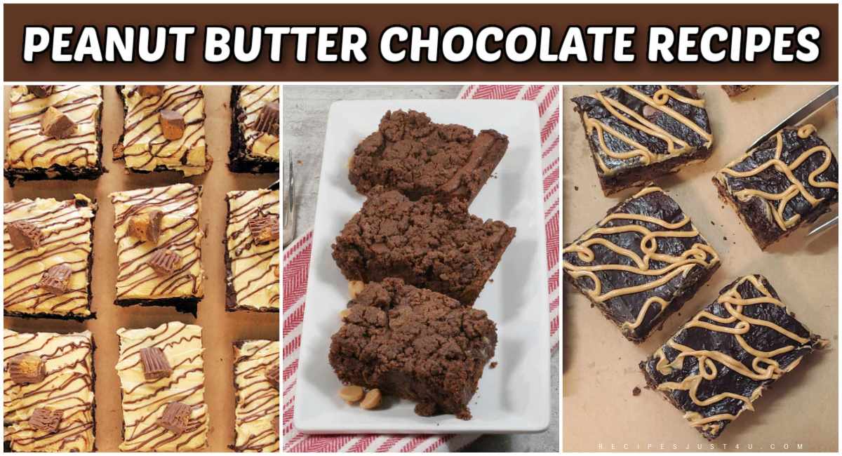 Three peanut butter chocolate desserts under a brown rectangle with a white text overlay that says peanut butter chocolate recipes at the top.