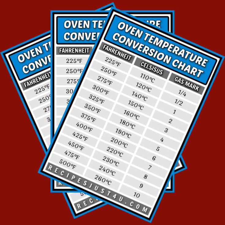 Three free printable oven temperature conversion tables fanned out on top of each other, against a burgundy background.