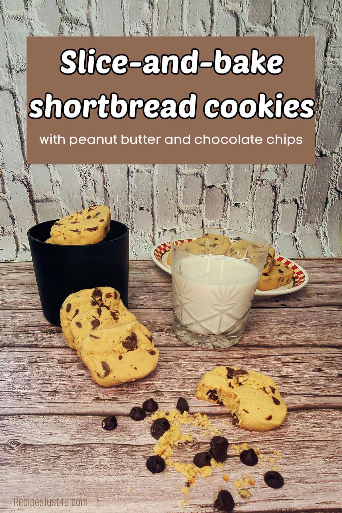 Cookies and milk on a plate, in a black box and partly eaten on a countertop. Brown text box reads Slice-and-bake shortbread cookies with peanut butter and chocolate chips.