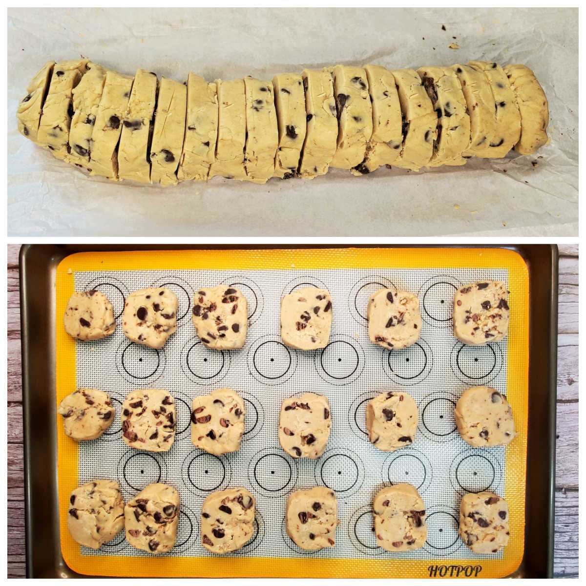 Peanut butter shortbread cookies, ready to bake. A collage showing slice and bake shortbread cookies dough on top and sliced cookies on a baking sheet.