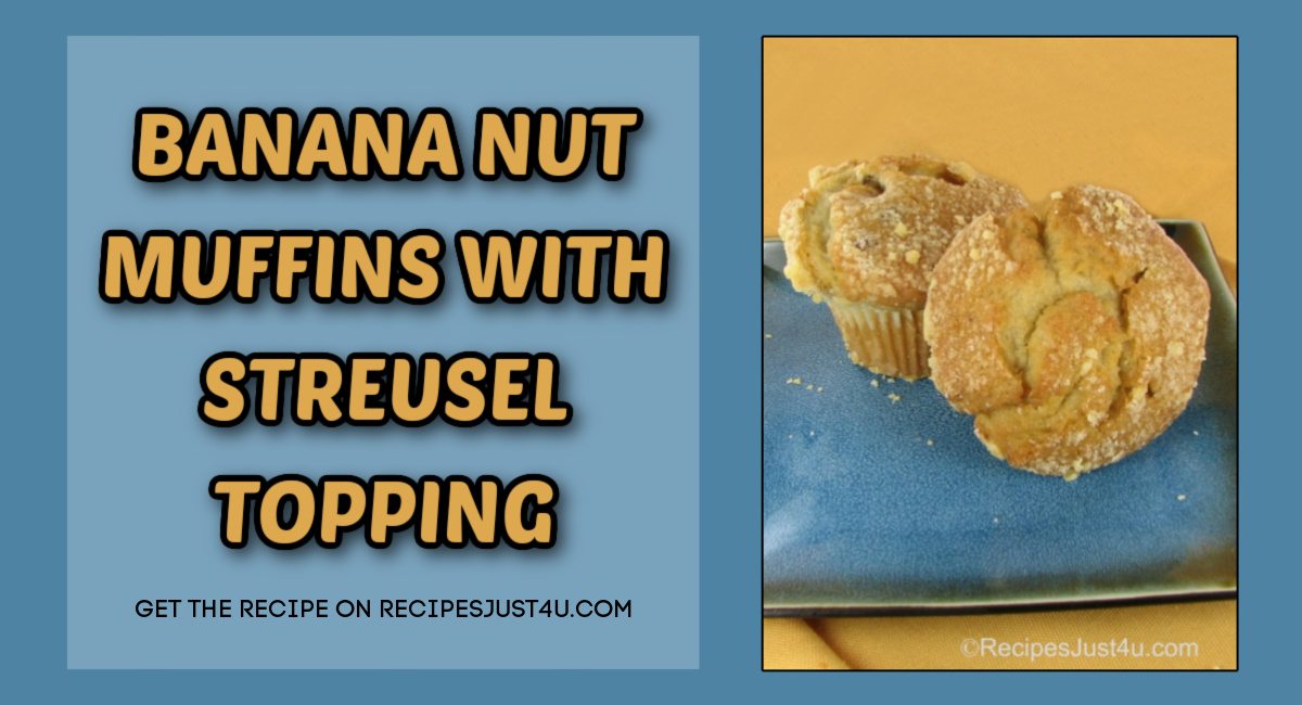 A blue background with a picture of two banana nut muffins to the left of a text overlay that says banana nut muffins with streusel topping.