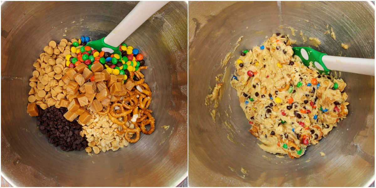 A collage showing mix-ins for kitchen sink cookie bars loose and folded into batter.