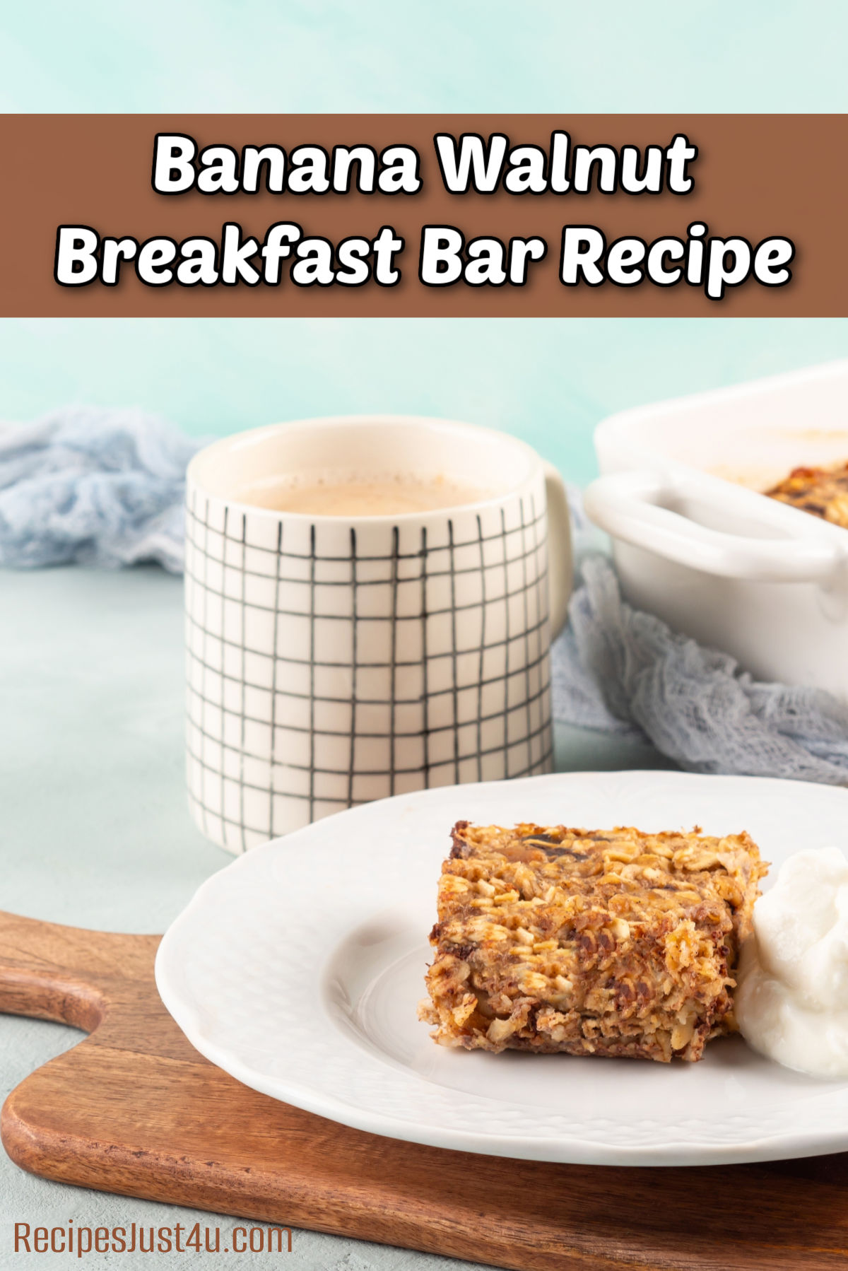Banana walnut breakfast bar recipe next to a cup of milk.