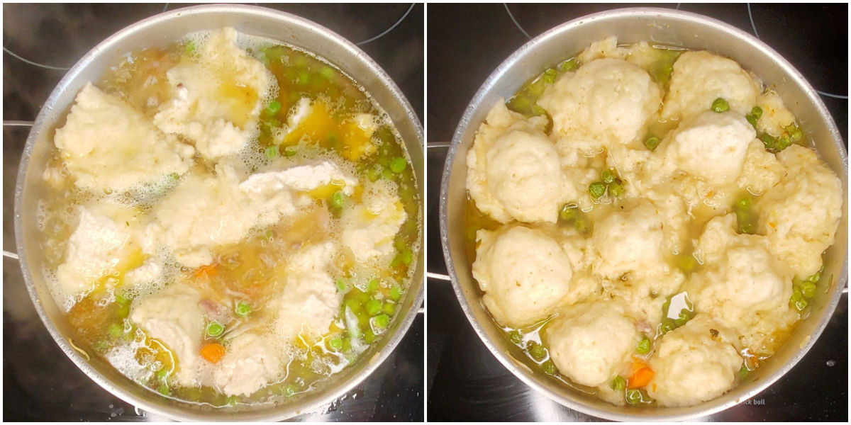 Making Bisquick dumplings A collage showing pictures of Bisquick dumplings in a large pot.