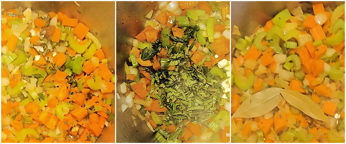 Cooking the herbs and veggies A collage with pictures showing how to cook vegetables, fresh herbs and bay leaf for chicken and dumplings.
