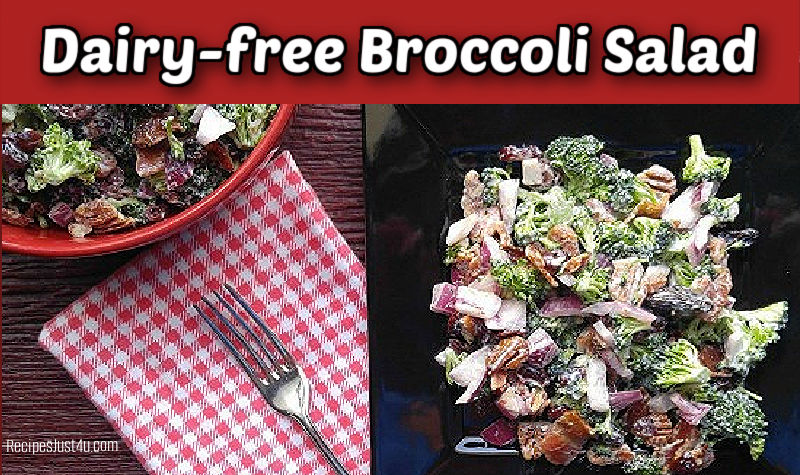 Dairy free broccoli salad on a black plate next to a serving bowl, fork and red checked napkin.