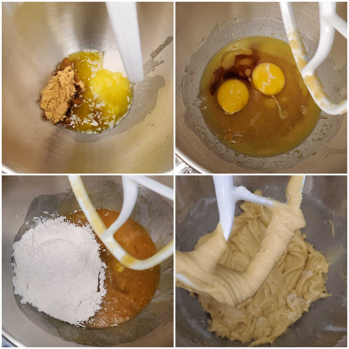 A collage showing how to make kitchen sink bars. Images show creaming wet and dry ingredients into a thick batter.