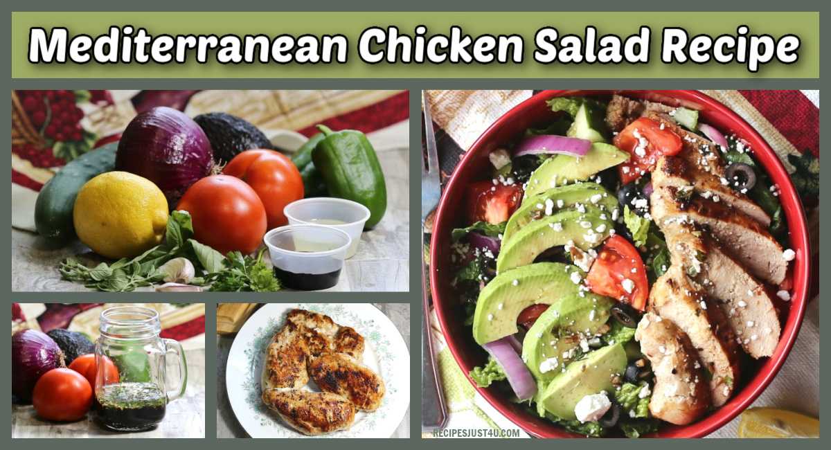 Mediterranean chicken salad recipe collage A collage of photos showing how to make a Mediterranean chicken salad recipe, including the salad base ingredients, the chicken, the dressing and the finished salad.