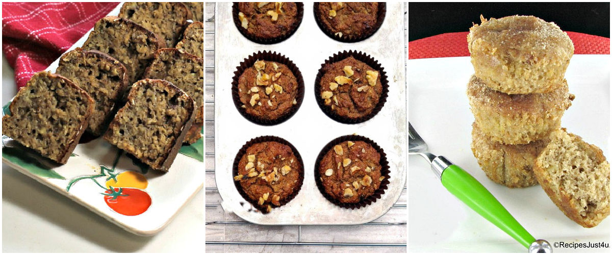 Pictures of banana bread and banana muffins in a collage.