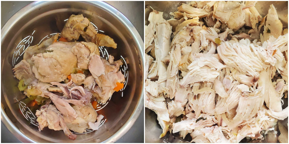 Shred the chicken, remove the bones and skin. A collage with pictures of chicken with skin and bones on the left and shredded chicken on the right.