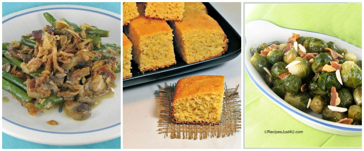 What to serve with chicken and dumplings A collage with green bean casserole, Southern cornbread and sauteed Brussels sprouts with almonds.