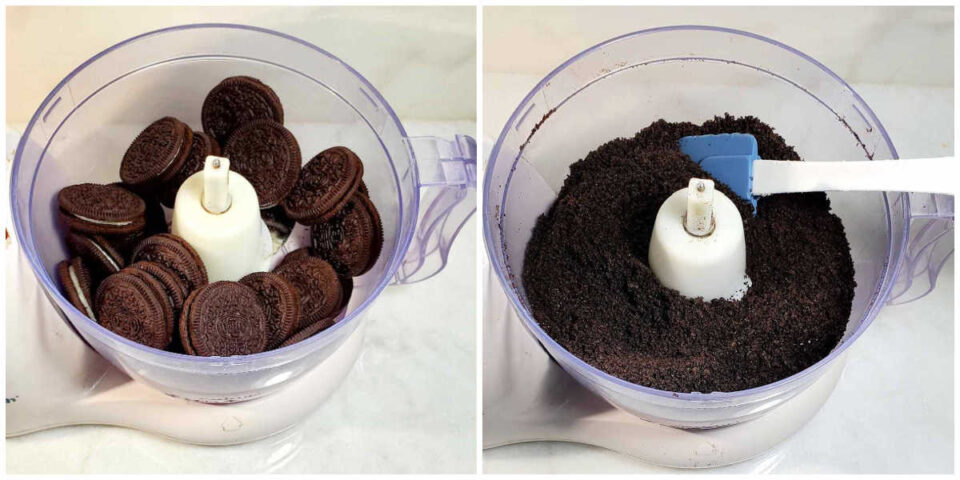 Oreo cookies in a food processor made into crumbs.