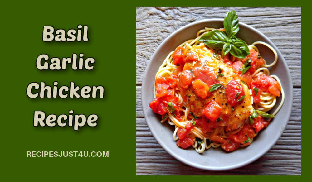 Basil garlic chicken with spaghetti in a gray bowl.
