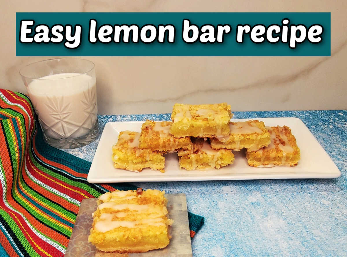 Lemon slices on a white plate near a glass of milk and striped towel. Teal text box reads easy lemon bar recipe.