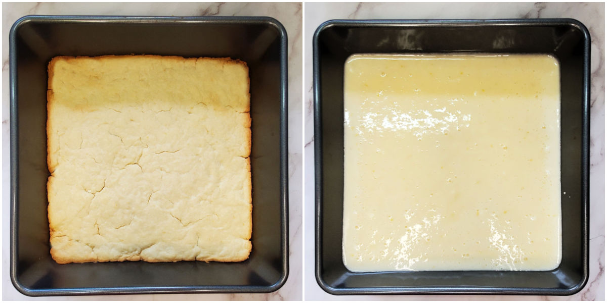 A collage showing a baked crumb crust on one side and easy lemon bars filling on the other side.