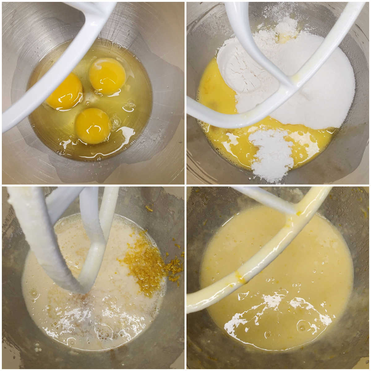 A collage with pictures of eggs, flour, sugar, lemon zest, lemon juice, and vanilla in a mixer making the easy lemon bars recipe for filling.