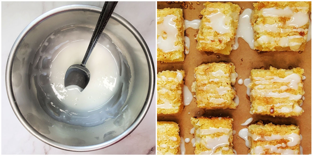 A collage with images of a bowl of icing on the left, and lemon bars with glaze on the right.