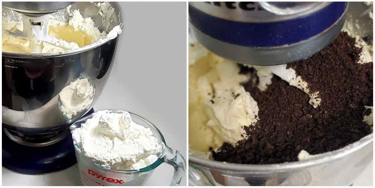 Oreo cheesecake filling and whipped cream in two bowls.