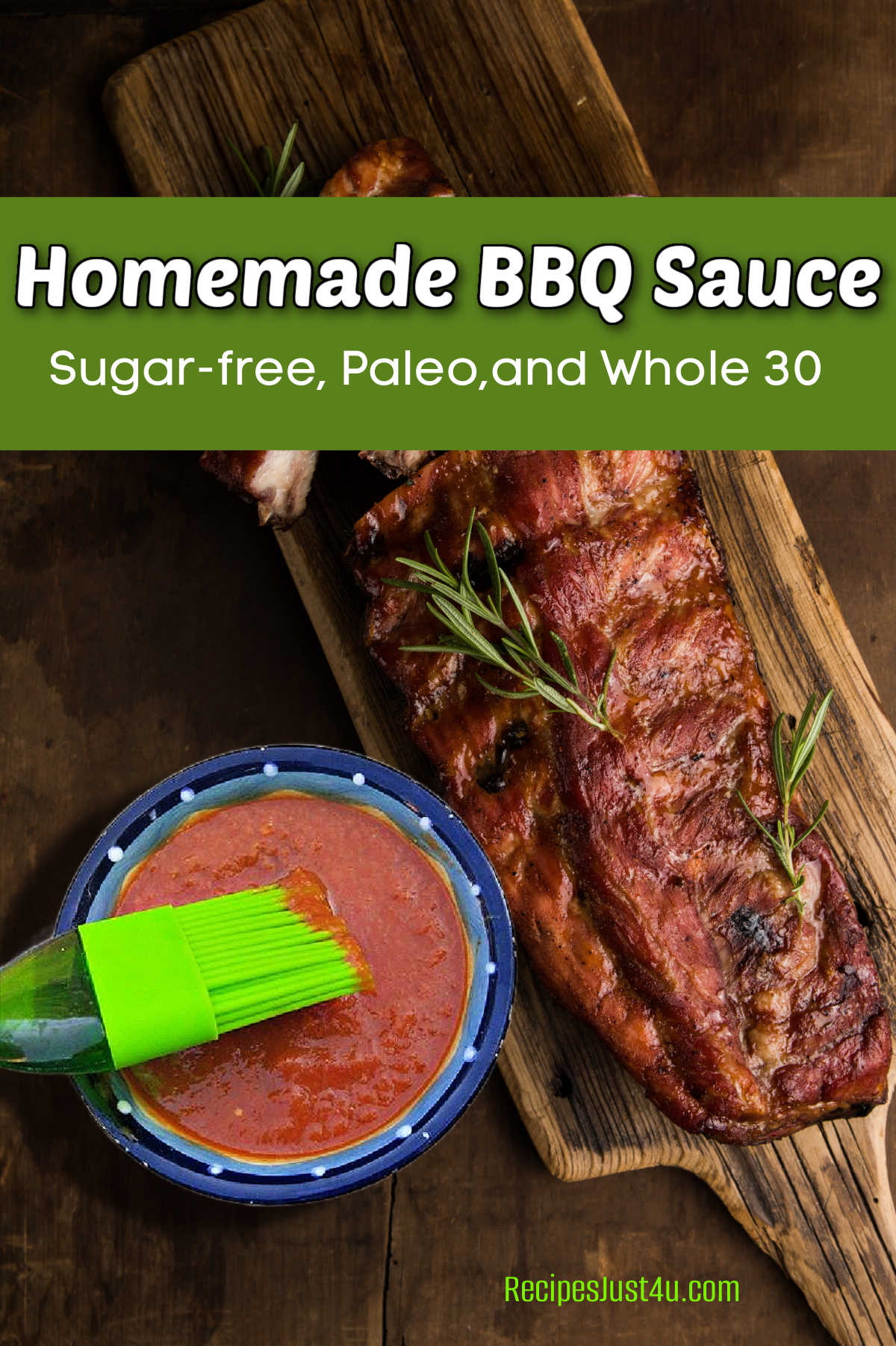 Homemade BBQ sauce in a blue blow with a green brush next to a plate of grilled spare ribs.