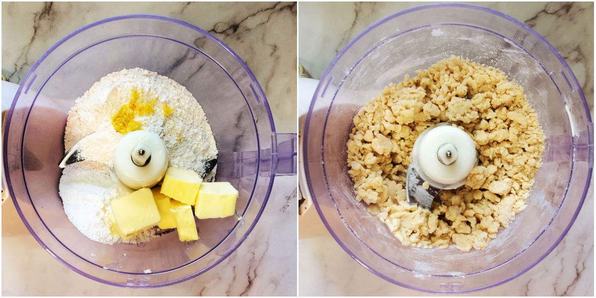 A collage with a food processor containing flour, confectioner's sugar and butter on one side and a crumb crust mixture on the other side.