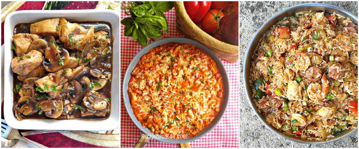 A collage showing images of three one pot meals.