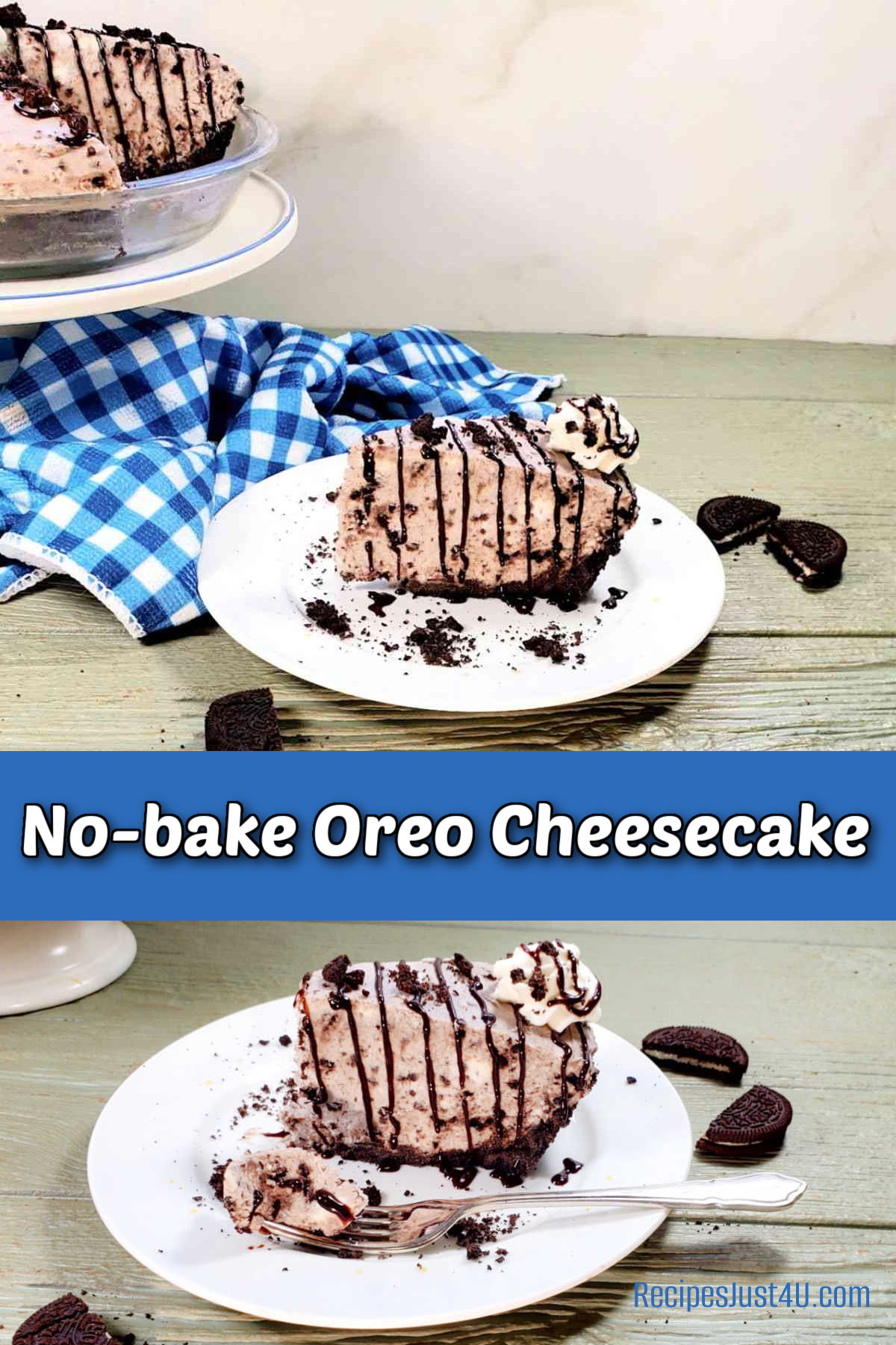 No bake Oreo cheese cake on a white plate with a blue checked towel.