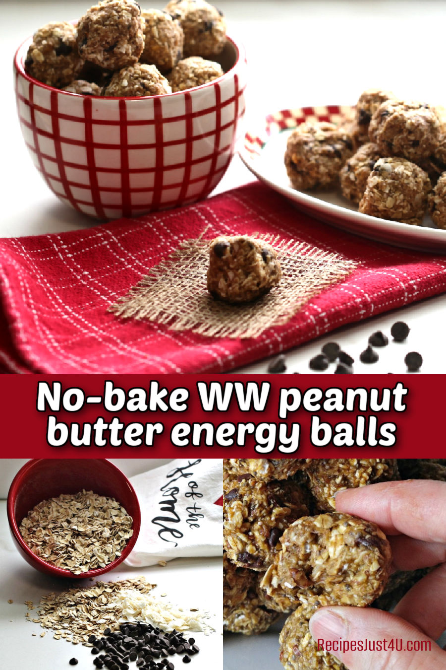 How to Make No Bake WW Peanut Butter Energy Bites No bake Weight Watchers peanut butter energy bites pictures in a collage.