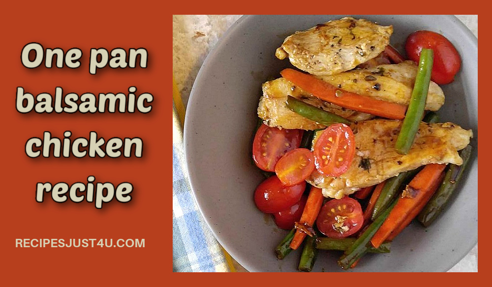 One pan balsamic chicken recipe in a gray bowl with blue and white napkin.