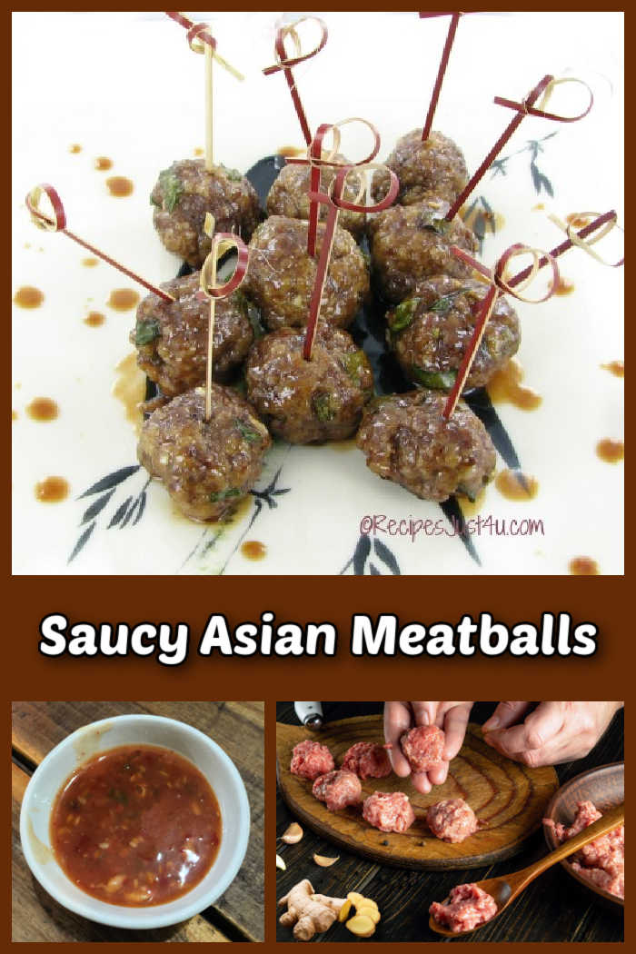 Saucy Asian meatballs on a white plate with marinade and hands making meatballs.