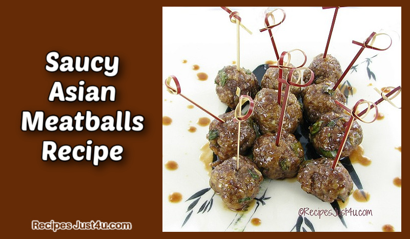 Saucy Asian Meatballs recipe with appetizer skewers on a white plate.