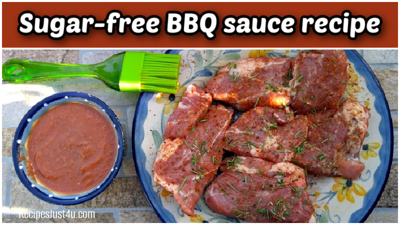 Sugar-free BBQ sauce recipe in a bowl next to a plate of spare ribs.