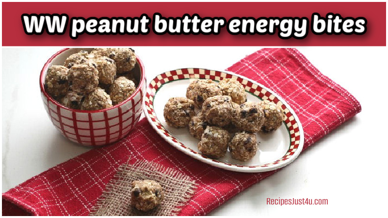 WW peanut butter energy bites on a white and red plate next to a bowl of the energy bites and red towel.