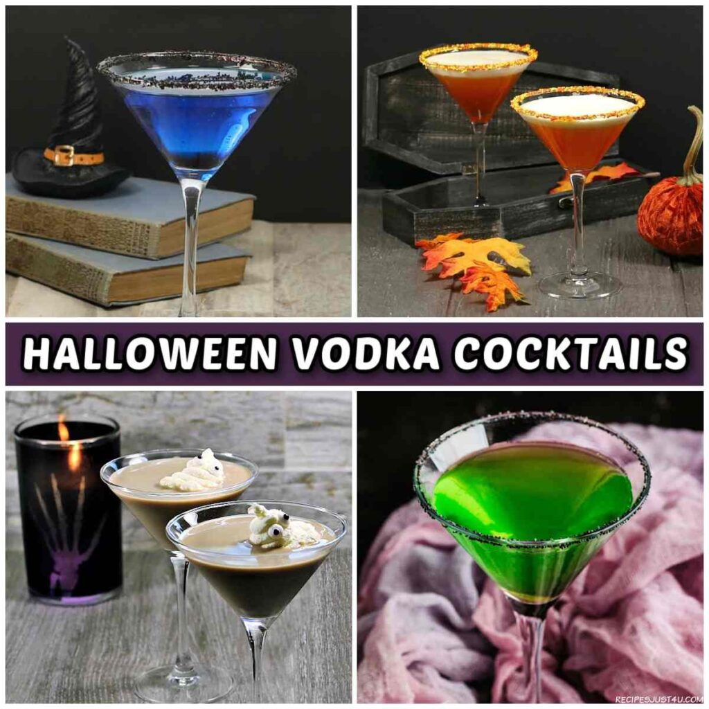 A collage of four Halloween cocktails with vodka A collage of four Halloween cocktails with vodka around text on a purple background that says Halloween vodka cocktails. The drinks pictured are a witch's brew cocktail, a frankenstein cocktail, a candy corn martini, and a ghostbuster cocktail.