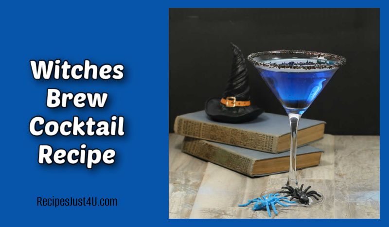 A witches brew cocktail recipe in front of some books and a black witch's hat.