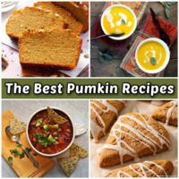A text overlay in an olive green box that says the best pumpkin recipes in the center of a collage of four canned pumpkin recipes, from the top left corner moving clockwise the pumpkin recipes are a keto pumpkin bread, a dairy-free pumpkin soup, a gluten-free pumpkin scone, and a pumpkin chili.
