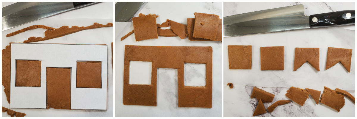 Use a very large knife to cut the pieces so you don't need as many cuts. A collage showing pieces of cut gingerbread dough, including sides and chimney sections next to a large, sharp knife.